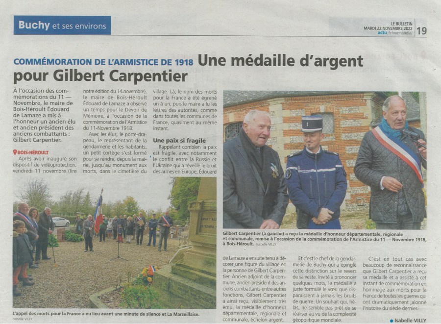11 novembre Gilbert Carpentier médaille d'argent