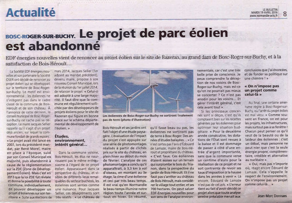 Eoliennes projet abandonne